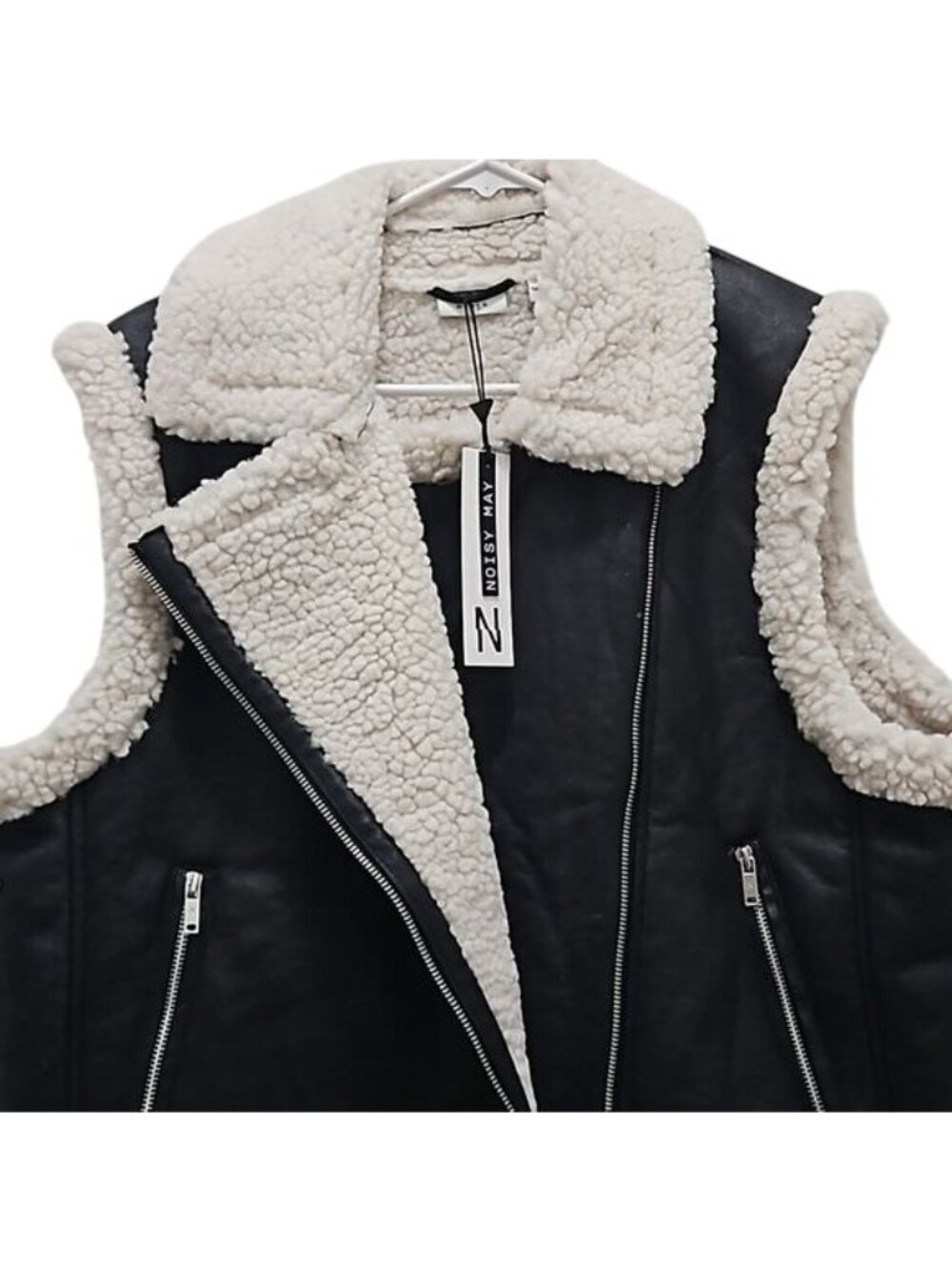 Noisy May Faux Leather Shearling Moto Vest Large New Women's Layering Outdoor - Picture 10 of 12